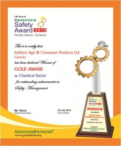 GOLD Award of GREENTECH SAFETY AWARD 2015 in Chemical sector for outstanding achievement in Safety Management system 2